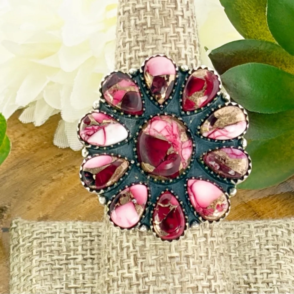 Pure Sterling Silver 925 Red Dahlia Turquoise Cluster Ring Size 7 Navajo Style - Picture 5 of 12